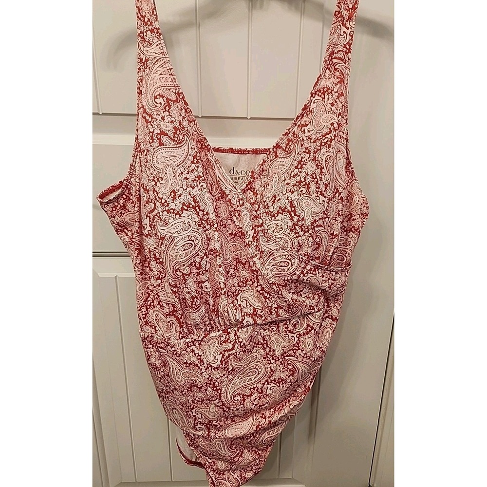 Denim & Co Beach Pink & White Surplice Paisley One Piece Swimsuit Size 24‎